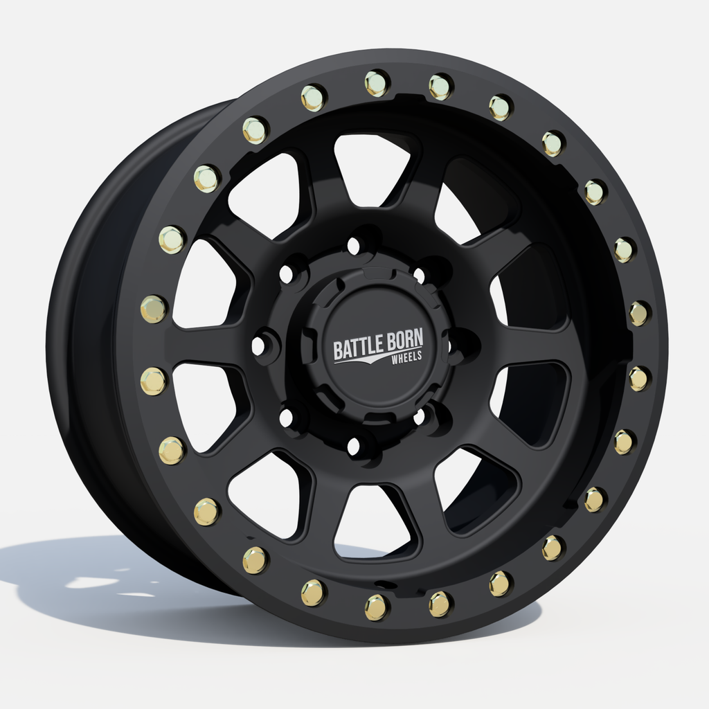 Battle Born Sierra forged simulated wheel for Jeep, 17x9 inches, 5x5 bolt pattern, machined finish with simulated ring and drain holes