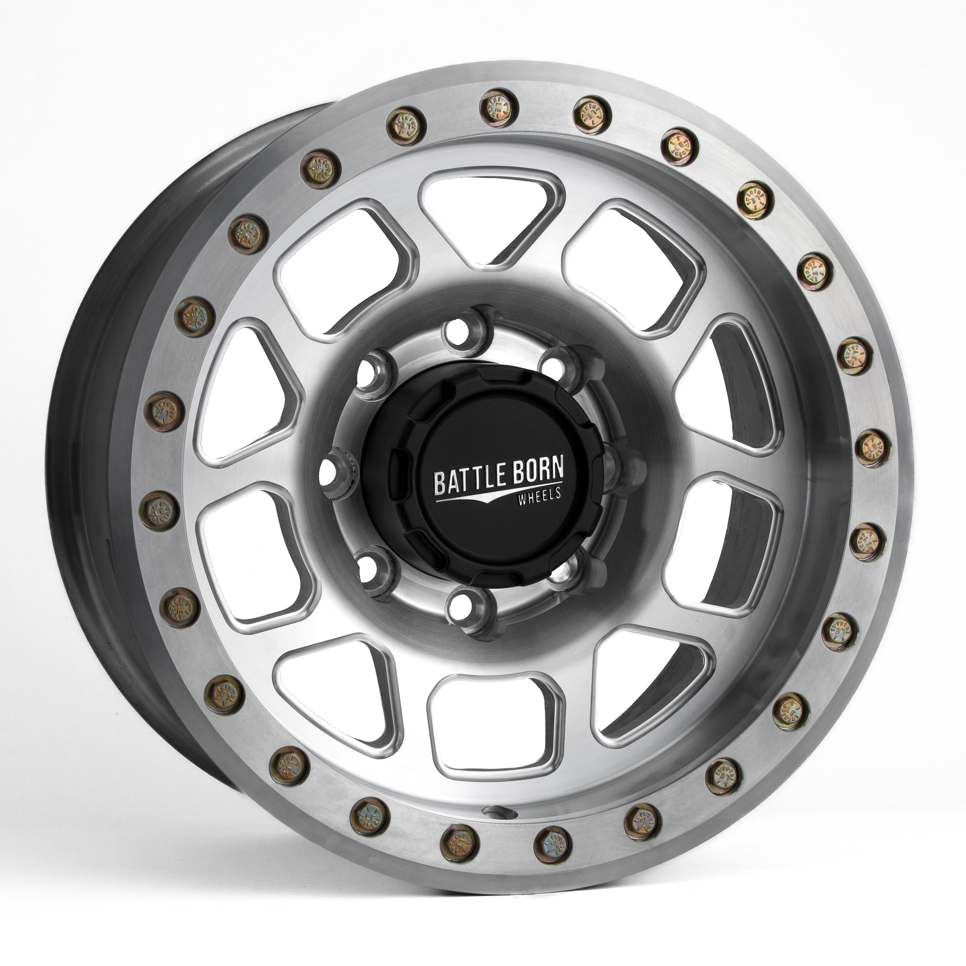 Battle Born Wheels Whiskey Forged simulated Jeep wheels 17x9 with 5x5 bolt pattern, machined finish, drain holes, and ring design