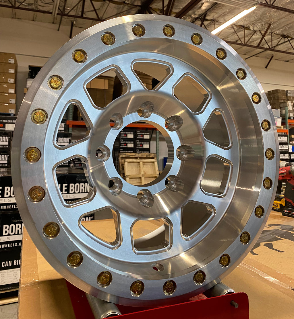 Battle Born Wheels Whiskey forged simulated wheels, 17x9 inch Jeep wheels with machined finish and drain holes.