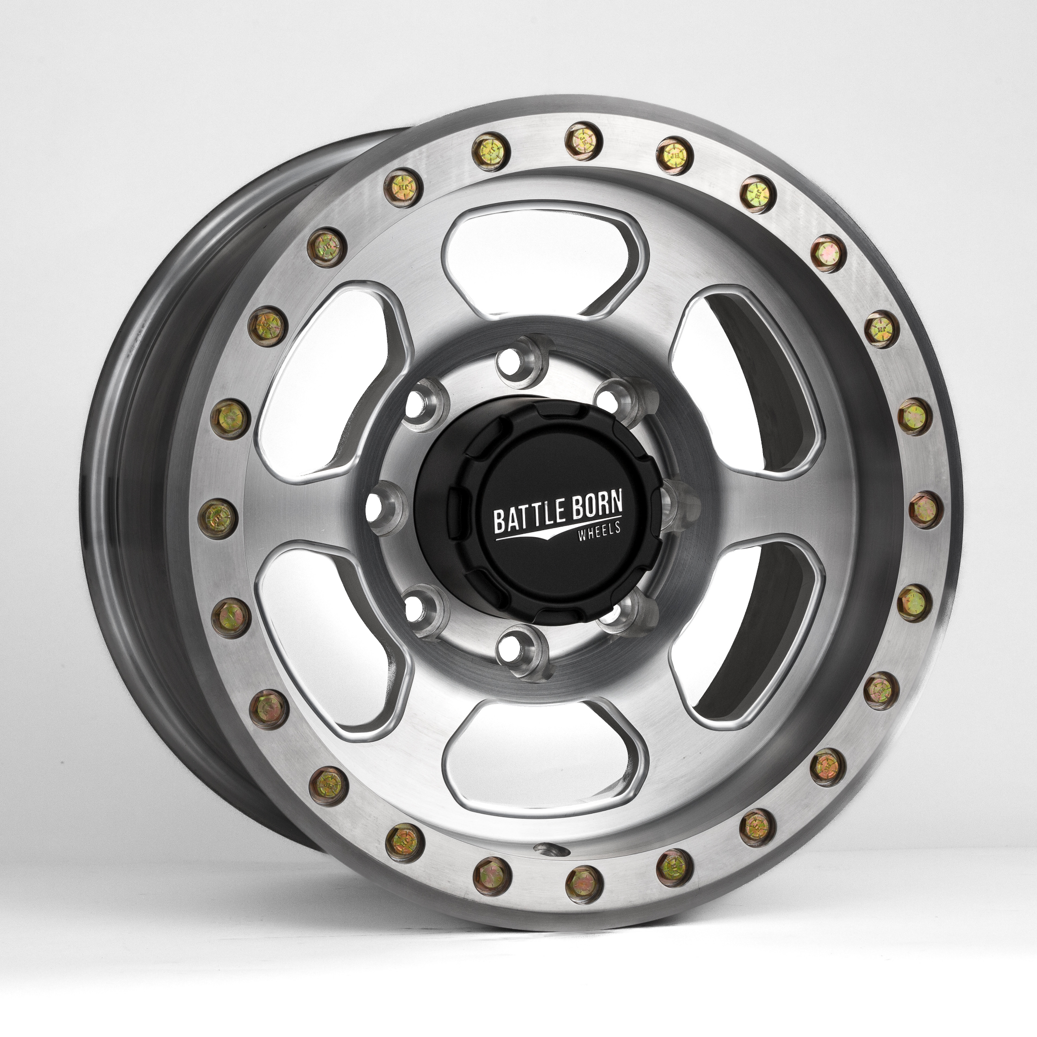 Battle Born Wheels X-RAY forged 17x9 Jeep wheel with simulated drain holes and machined finish, designed for off-road vehicles.