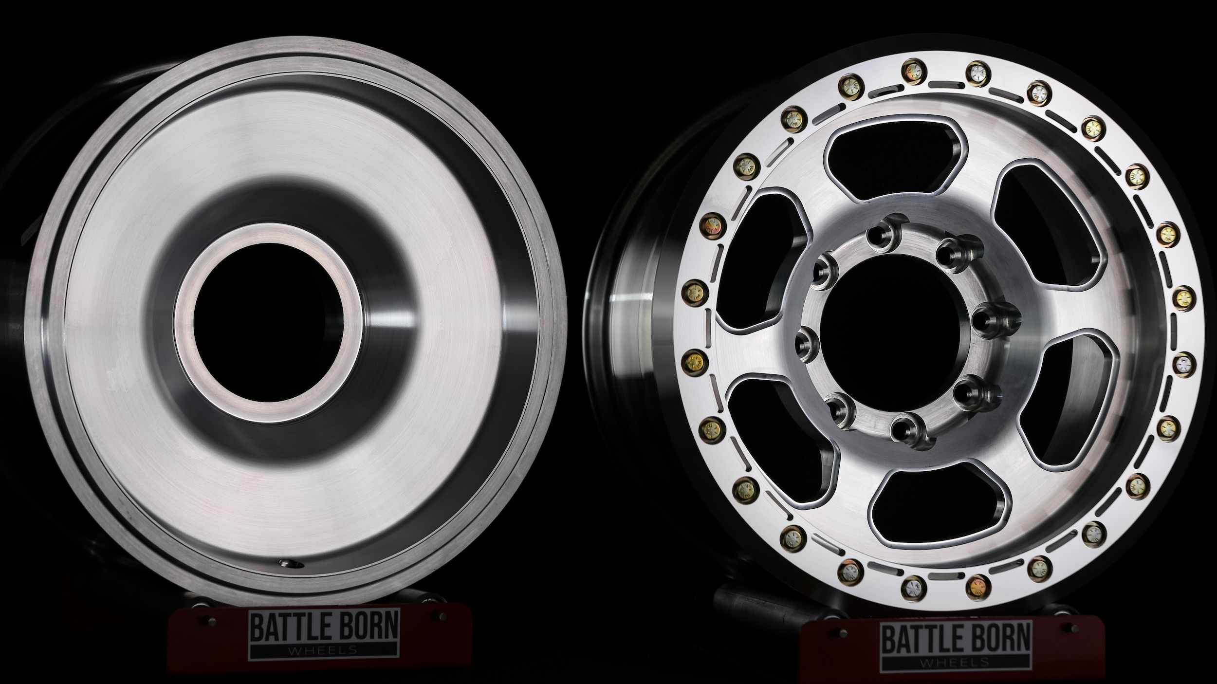 Battle Born Wheels X-RAY forged 17x9 wheels with simulated ring drain holes for Jeep JK, JL, or JT off-road vehicles