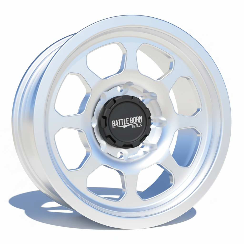 Battle Born Wheels Delta Forged HoldFAST 18x9 inch wheels with 8x6.5 bolt pattern and 13mm offset, machined finish.