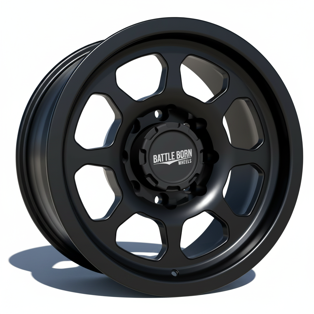 Battle Born Wheels Delta Forged HoldFAST 18x9 inch black machined wheels with 8x6.5 bolt pattern and 13mm offset.