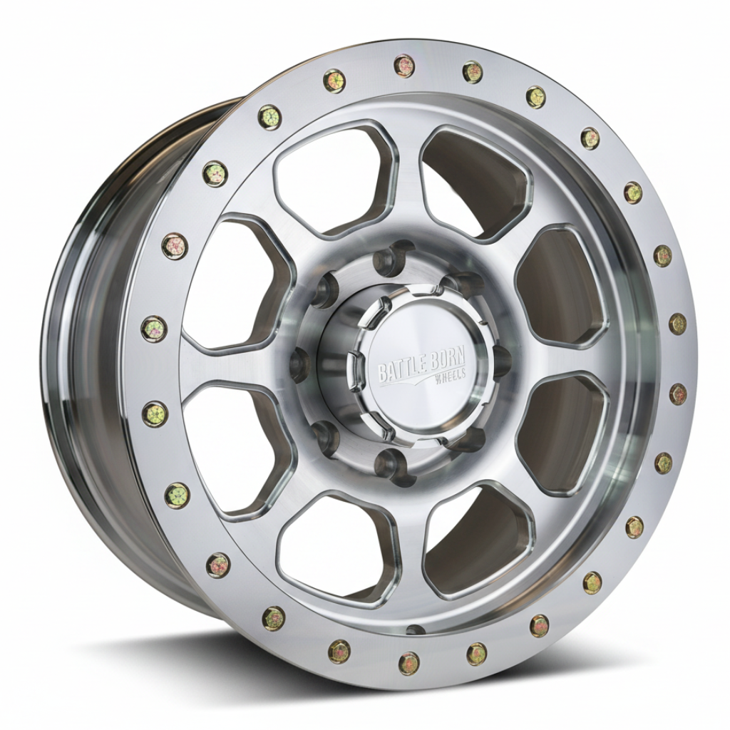 Battle Born Wheels Delta Forged HoldFast simulated wheels, 18x9 inches, 8x6.5 bolt pattern, machined finish, 13mm offset.