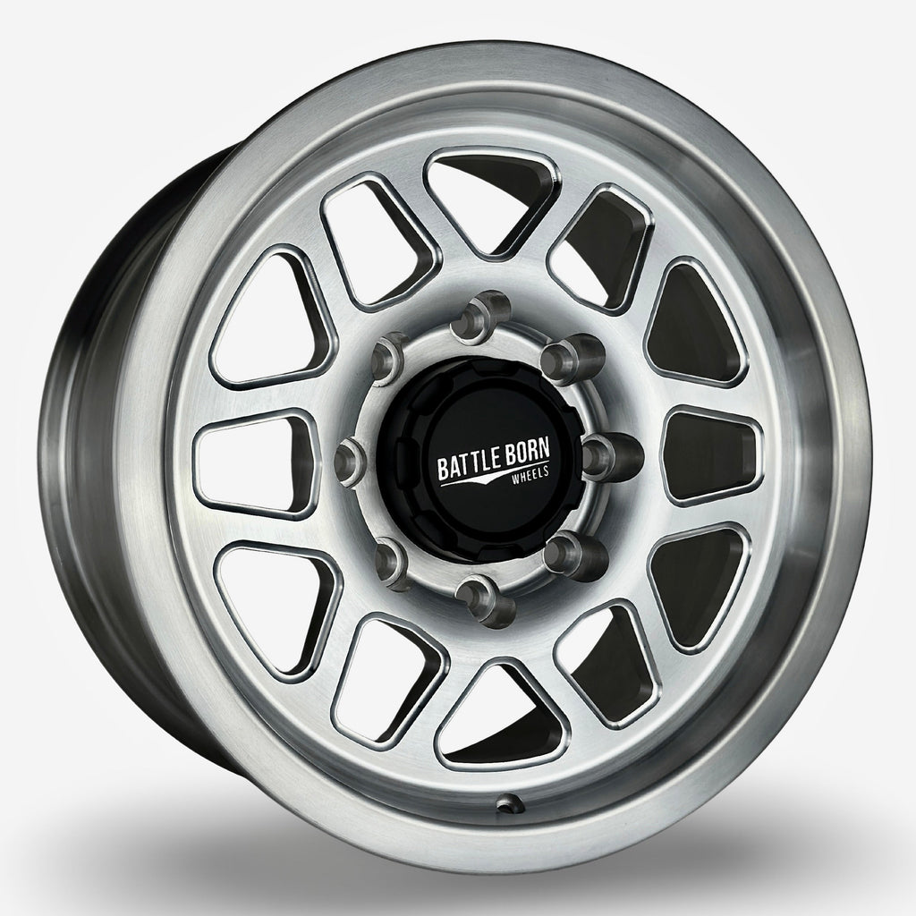 Battle Born Wheels KILO Forged HoldFAST 18x9 inch wheels with 8x6.5 bolt pattern and 13mm offset, machine finish.