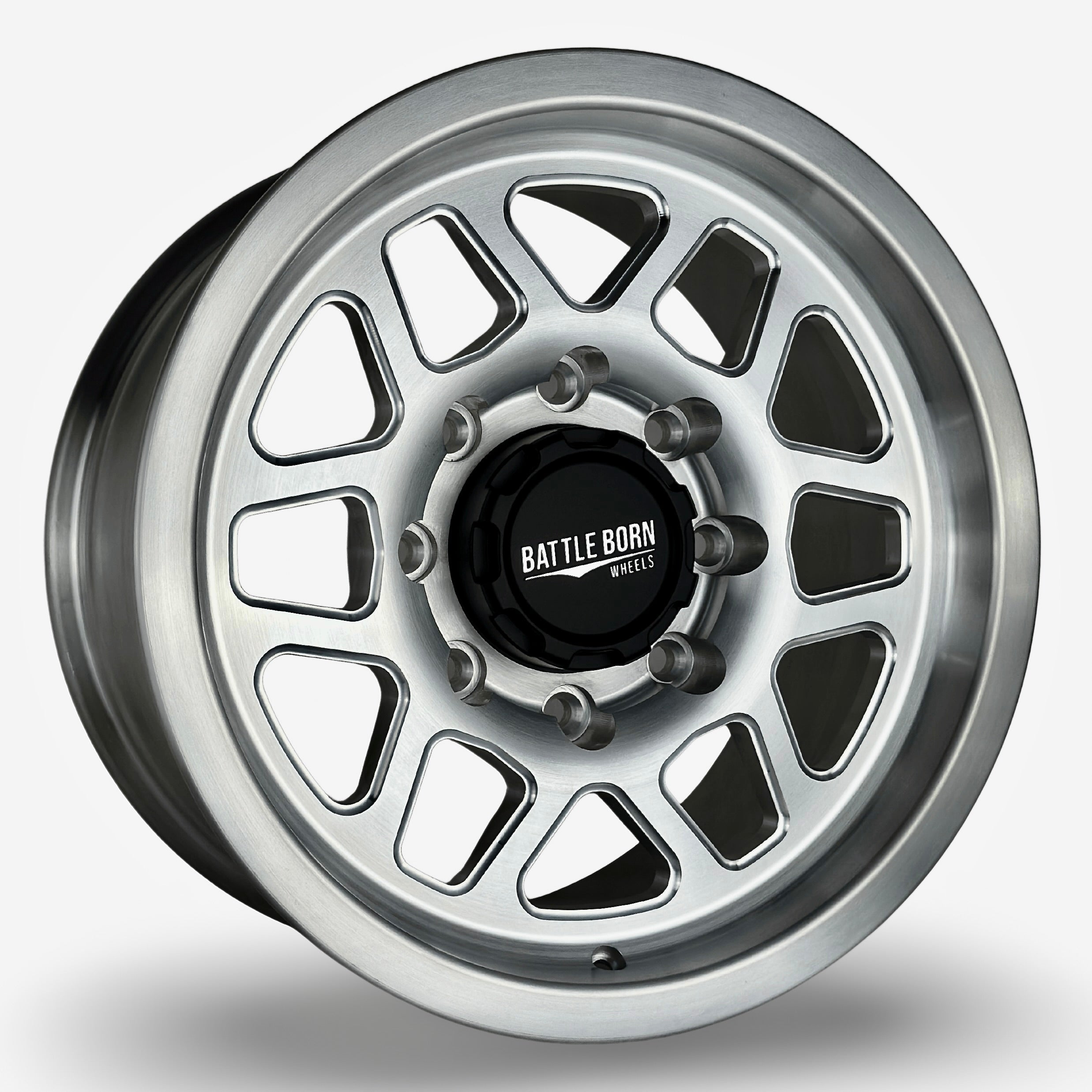 Battle Born Wheels KILO Forged HoldFAST 18x9 inch wheels with 8x6.5 bolt pattern and 13mm offset, machine finish.