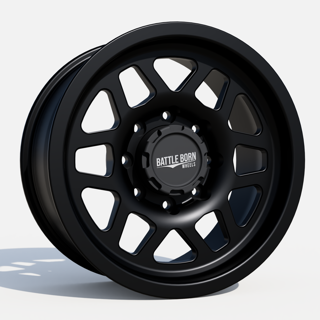 Battle Born Wheels KILO FORGED HoldFAST 18x9 inch black machined wheels with 8x6.5 bolt pattern and 13mm offset.