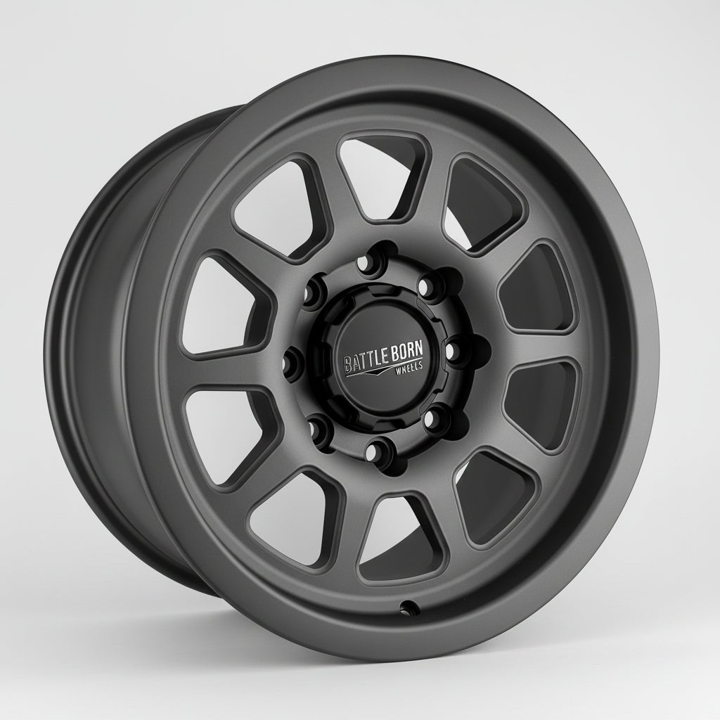 Battle Born Wheels Sierra Forged HoldFAST 18x9-inch black machined wheels with 8x6.5 bolt pattern and 13mm offset.
