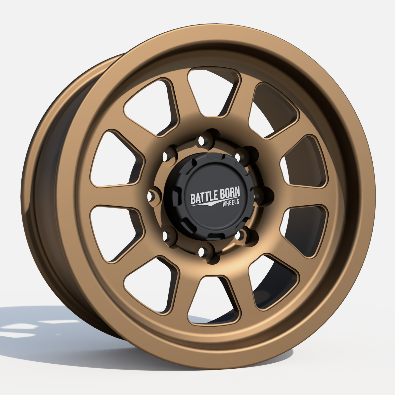 Battle Born Wheels Sierra Forged HoldFAST 18x9-inch wheels with 8x6.5 bolt pattern and 13mm offset, machined finish.