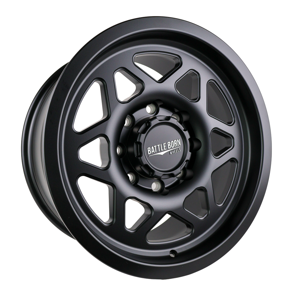 Battle Born Wheels TANGO Forged HoldFAST 18x9-inch wheels with 8x6.5 bolt pattern and 13mm offset, machined finish.