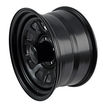 Vinyasa Automotive Black Rock Series 942 Type D matte black alloy wheels on a vehicle, showcasing sleek wheel design.