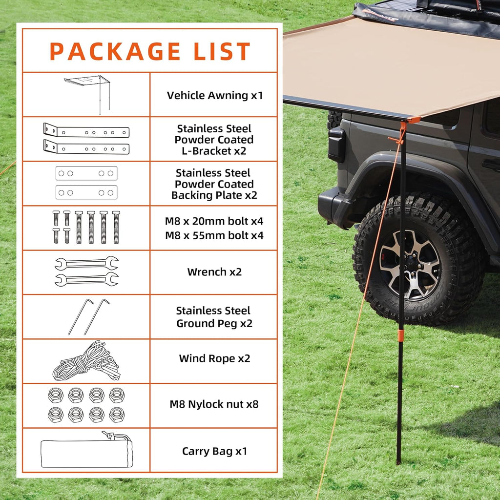 Vehicle Awning 4.6'X8.2' Roof Rack Pull-Out Sun Shade UV50+, Weatherproof 4X4 Side Awning for Camping & Overland (Hardware Included)