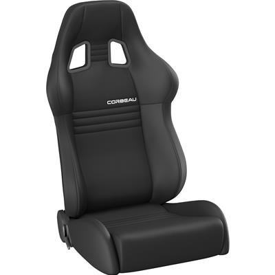 Vinyasa Automotive Corbeau A4 racing seat in black with red accents, featuring ergonomic design and racing harness openings.