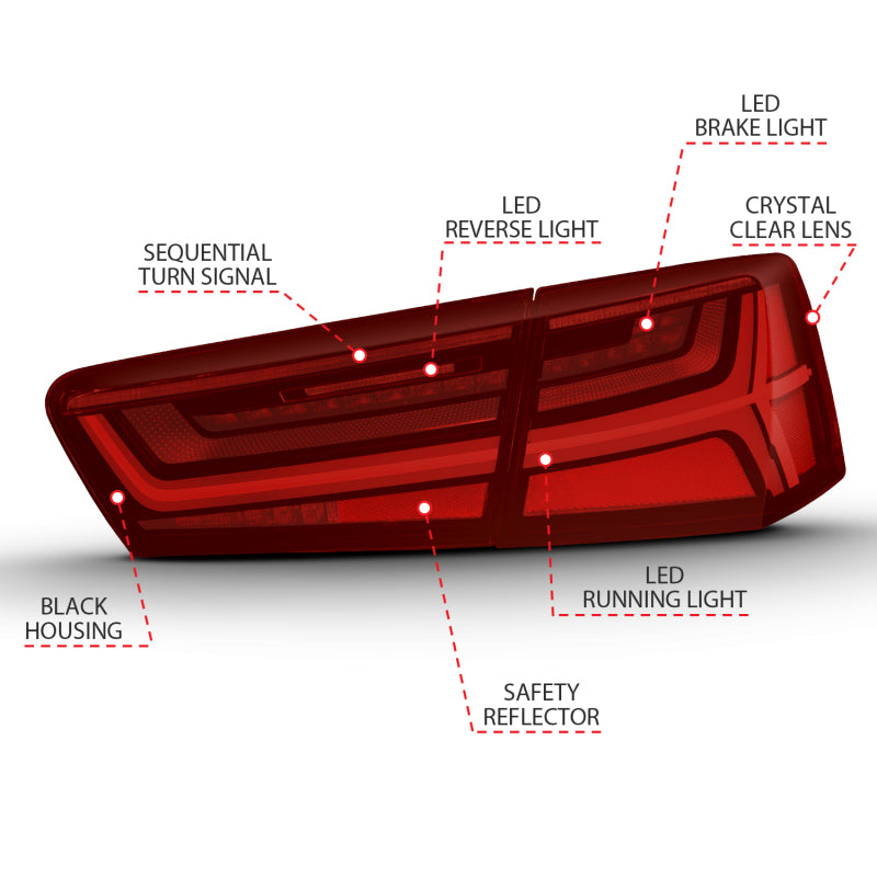 ANZO 2012-2018 Audi A6 LED Taillight Black Housing Red/Clear Lens 4 pcs (Sequential Signal) 321353