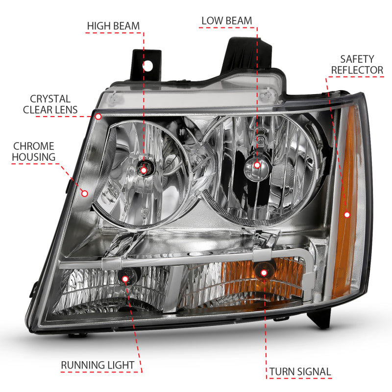 ANZO 2007-2014 Chevy TahOE Crystal Headlight Chrome Amber(OE) 111475