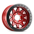 Red 17x9 aluminum wheel by Vinyasa Automotive, featuring a sleek design suitable for performance vehicles.