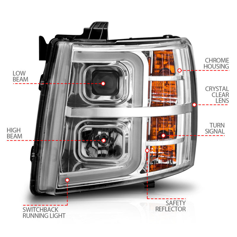 ANZO 2007-2013 Chevrolet Silverado 1500 Projector w/ Light Bar Chrome Housing w/ Sequential 111546
