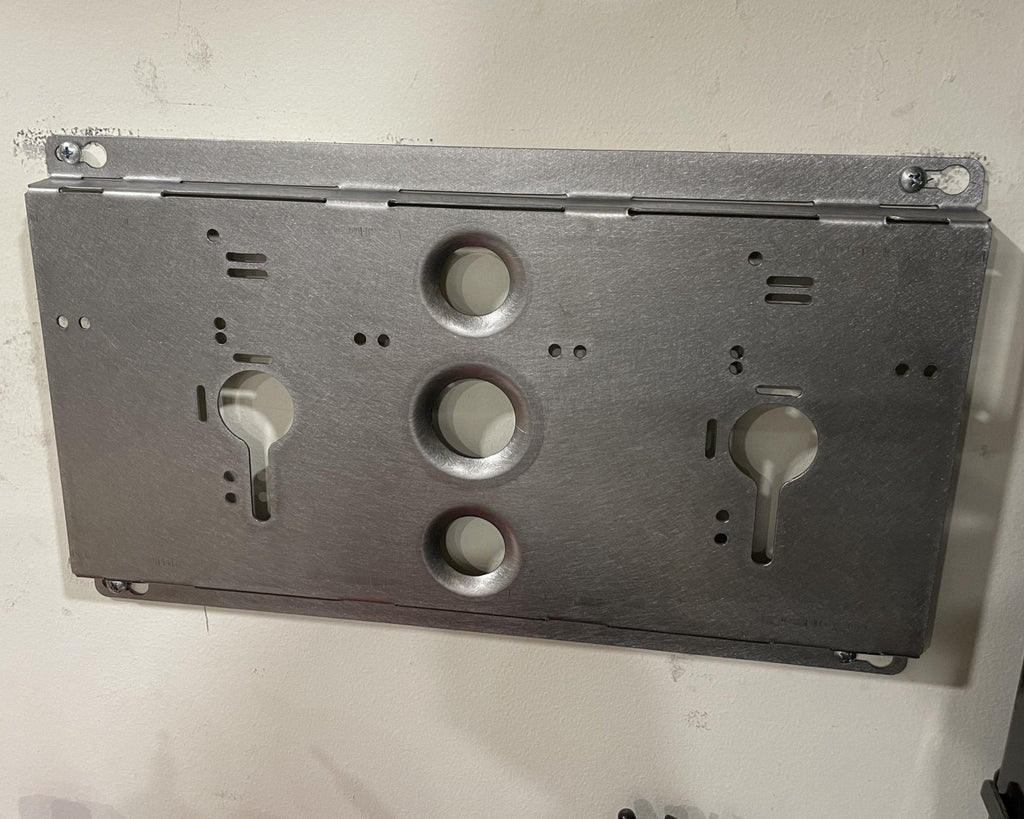 Elevate Metalcraft double charger wall mount plate with Milwaukee and DeWalt ridged design for van, truck, or contractor shop use.