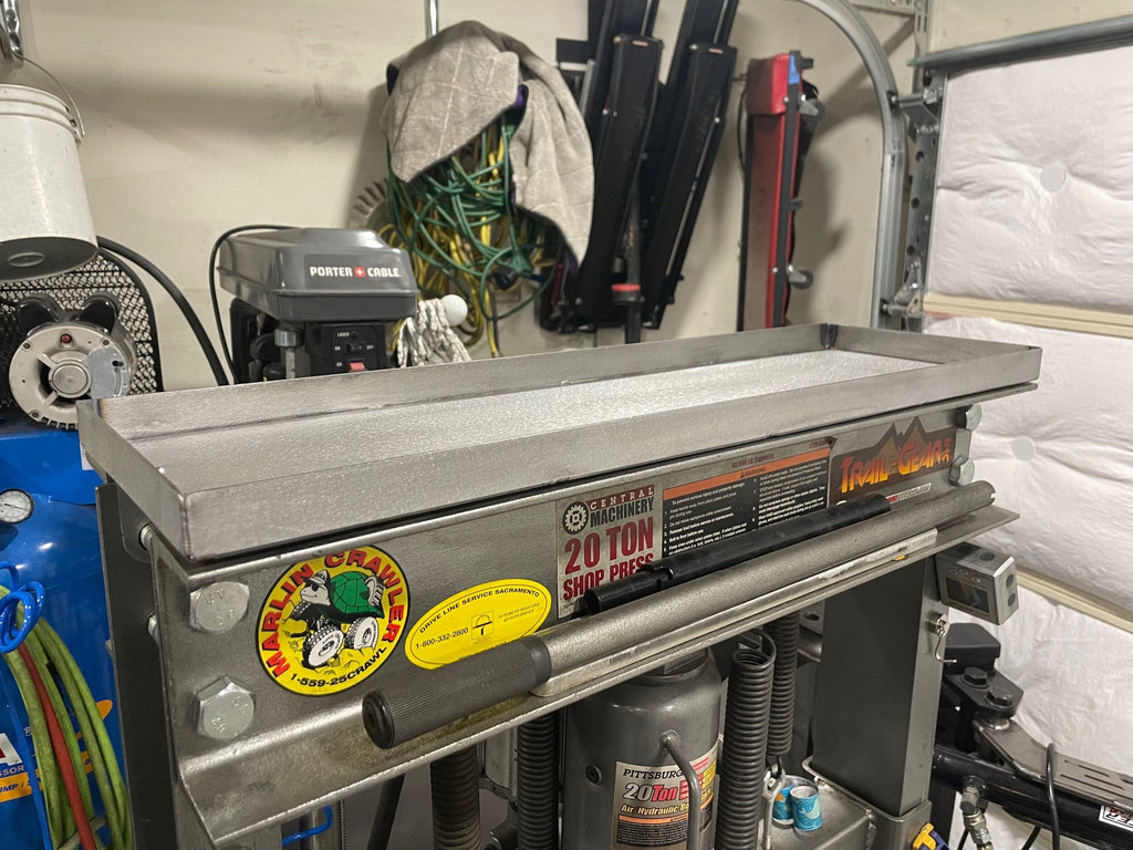 Elevate Metalcraft Harbor Freight 20T press upper tool tray bolt-on for holding tools and accessories during pressing tasks.