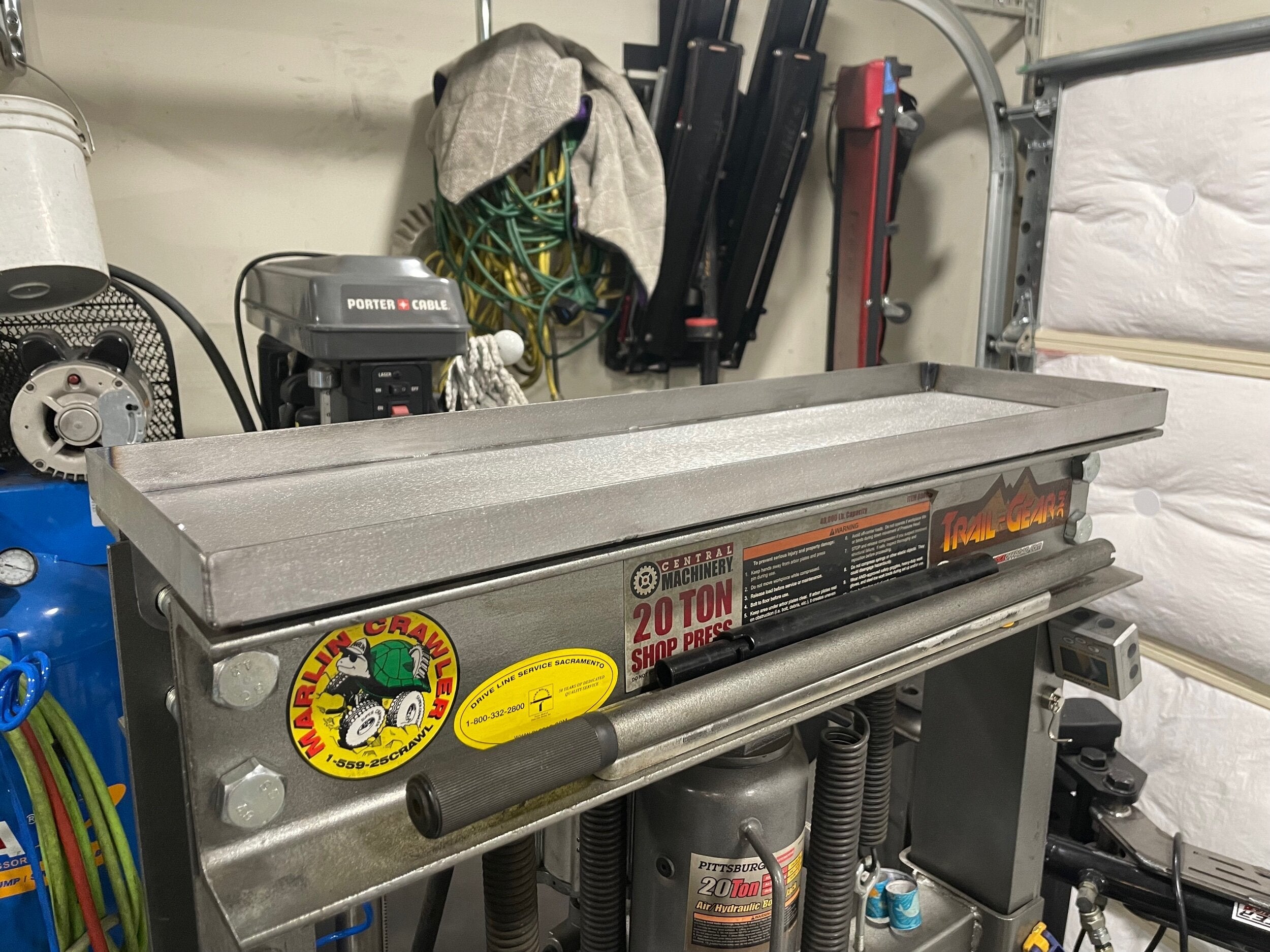 Elevate Metalcraft Harbor Freight 20T press upper tool tray bolt-on for holding tools and accessories during pressing tasks.