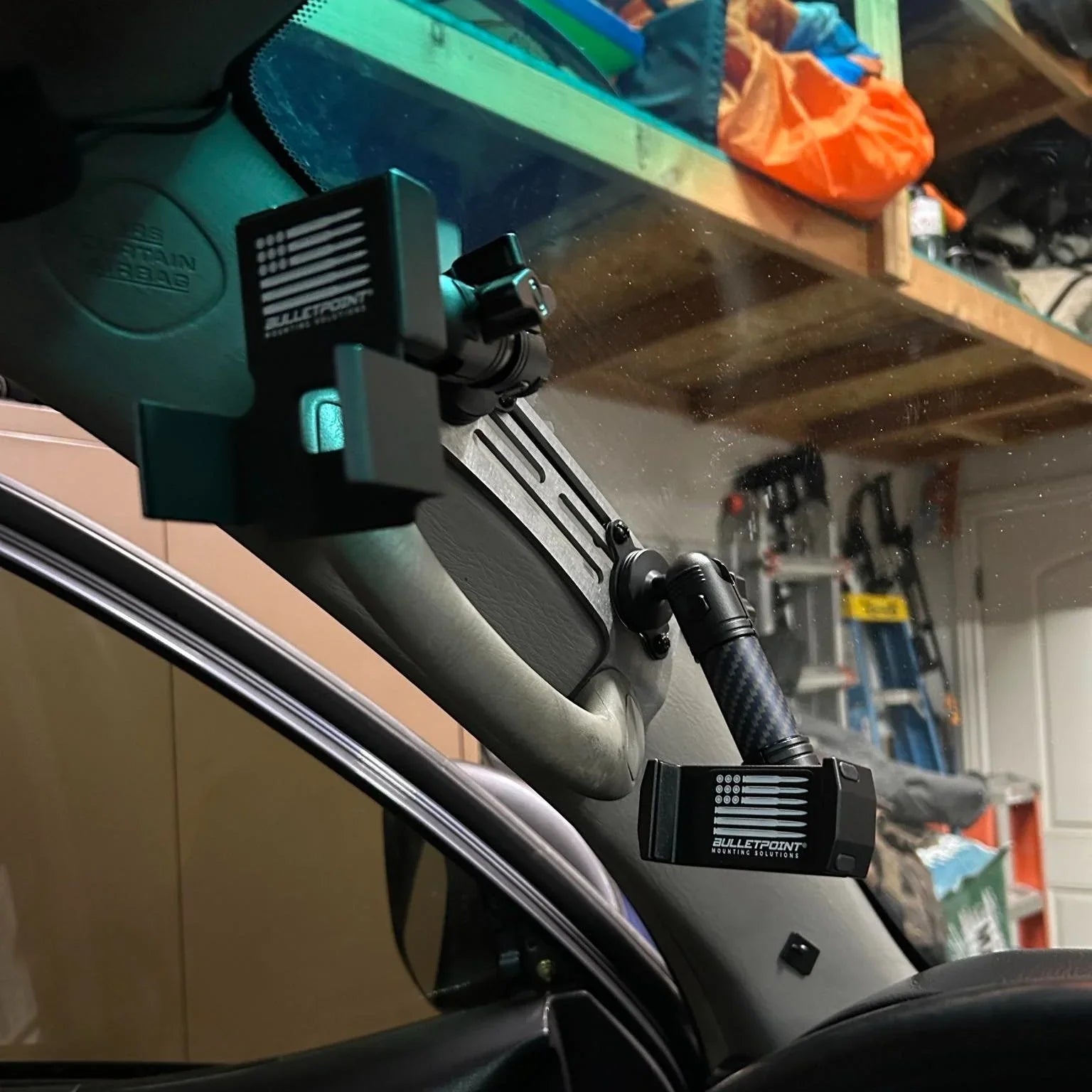 Black Elevate Metalcraft A-Pillar Grab Handle Accessory Mount for Lexus GX470, holds phones, radios, switches, and winch controllers.
