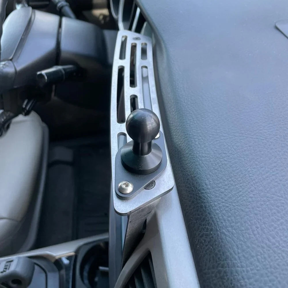 Elevate Metalcraft dash mount for 2003-2009 Toyota 4Runner, raw tumbled steel, compatible with AMP phone, tablet, and radio overlanding gear.