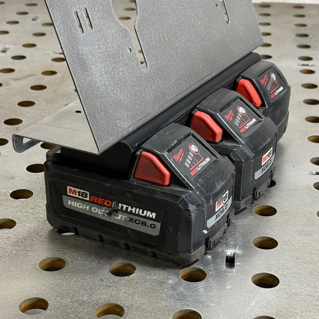 Elevate Metalcraft 3X M18 locking battery mount for secure attachment of M18 batteries to equipment or vehicles.