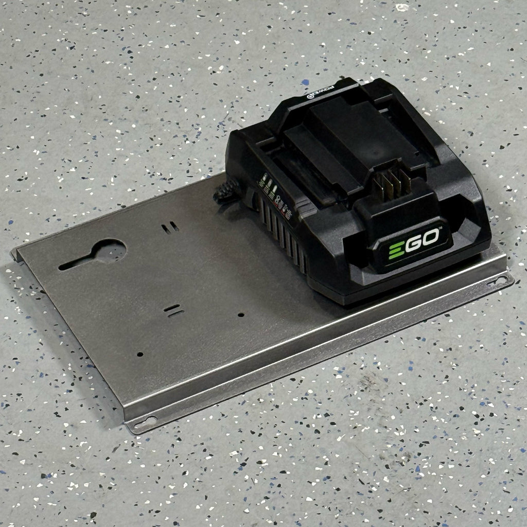 Elevate Metalcraft EGO 56 Volt double battery charger mount on steel wall, quick-release design for contractor service trucks and vans.