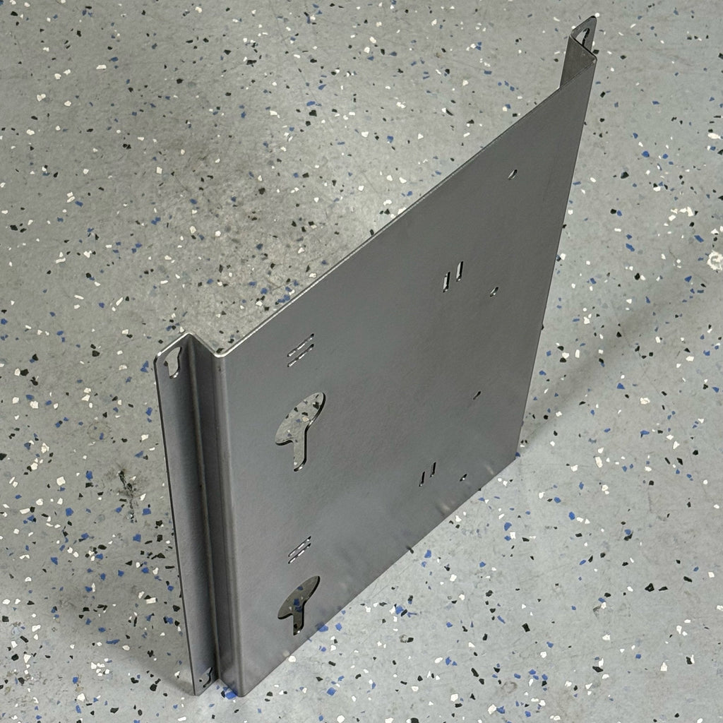 Elevate Metalcraft EGO 56 Volt double battery charger mount on steel wall, quick-release, secure for contractor service trucks and shops.