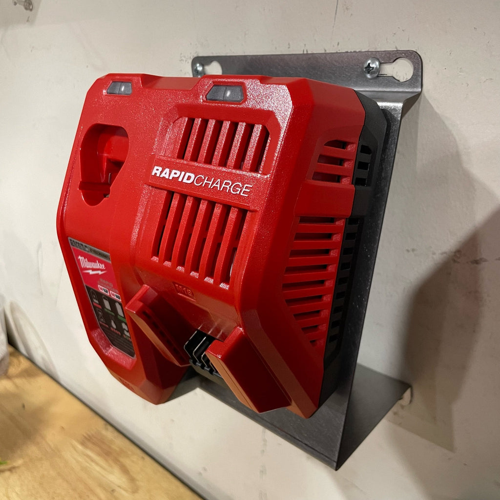 Elevate Metalcraft Milwaukee single M18 M12 rapid battery charger wall mount plate at 20-degree angle for van or truck installation