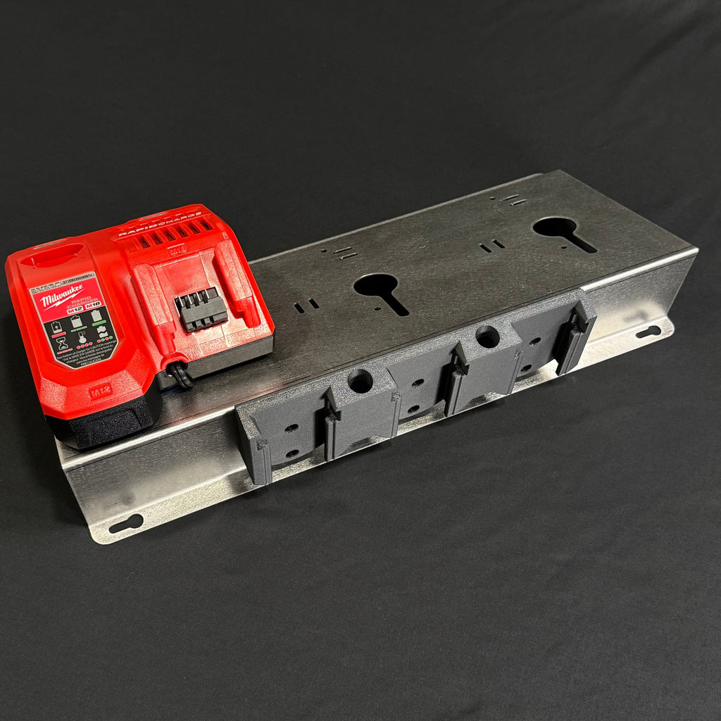 Elevate Metalcraft wall mount plate for Milwaukee 3X M18 M12 rapid battery charger, 20-degree angle for van, truck, or shop use.