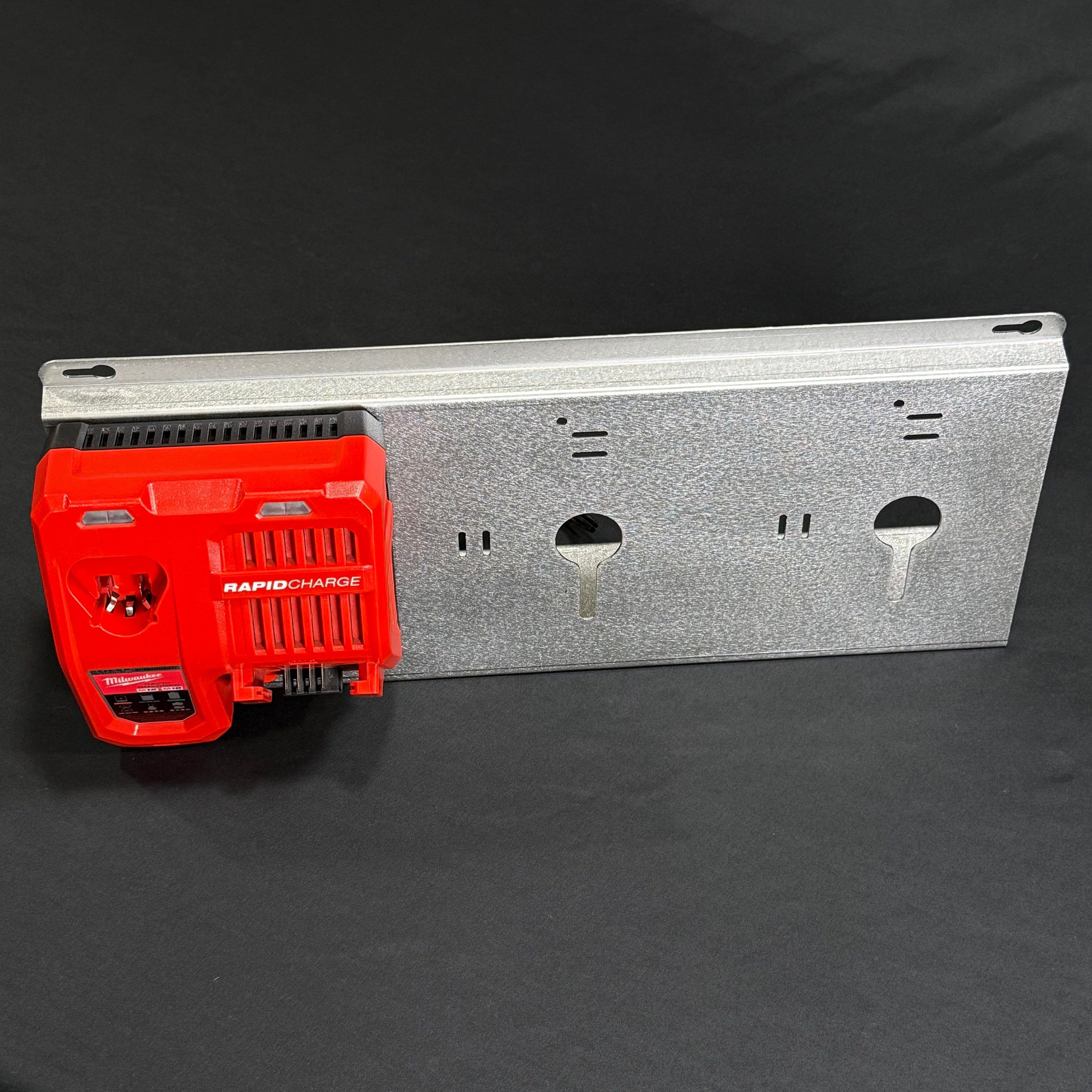 Elevate Metalcraft wall mount plate for Milwaukee 3X M18 M12 rapid battery chargers, angled 20 degrees for van, truck, or shop use.