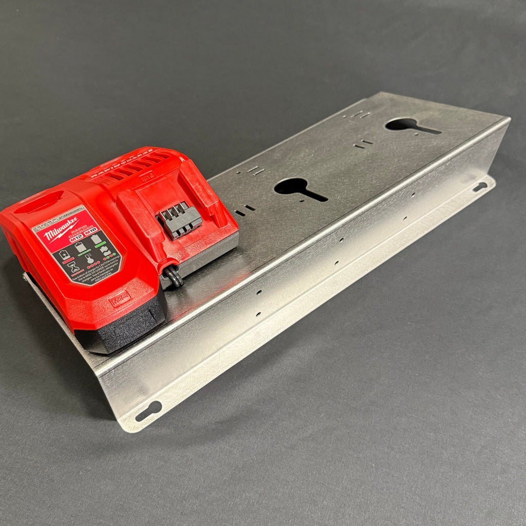 Elevate Metalcraft wall mount plate for Milwaukee 3X M18 M12 rapid battery charger, 20-degree angle for van and truck installation.