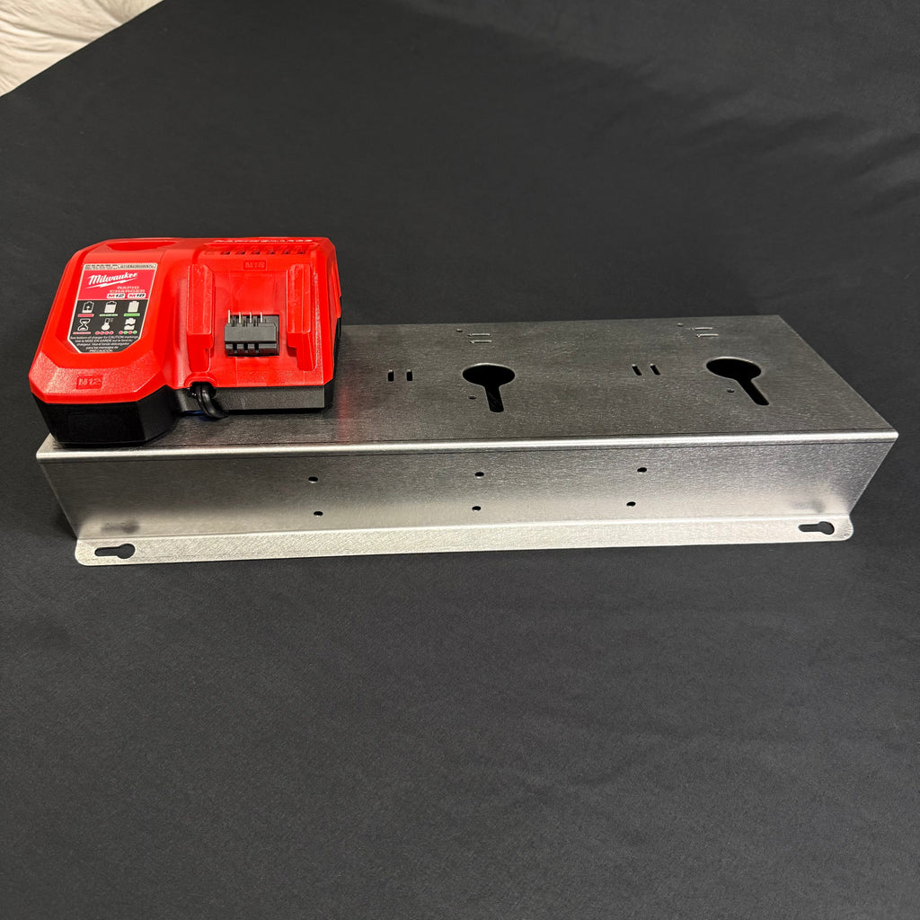 Elevate Metalcraft wall mount plate for Milwaukee M18 M12 rapid battery charger at a 20-degree angle, suitable for van or truck use.