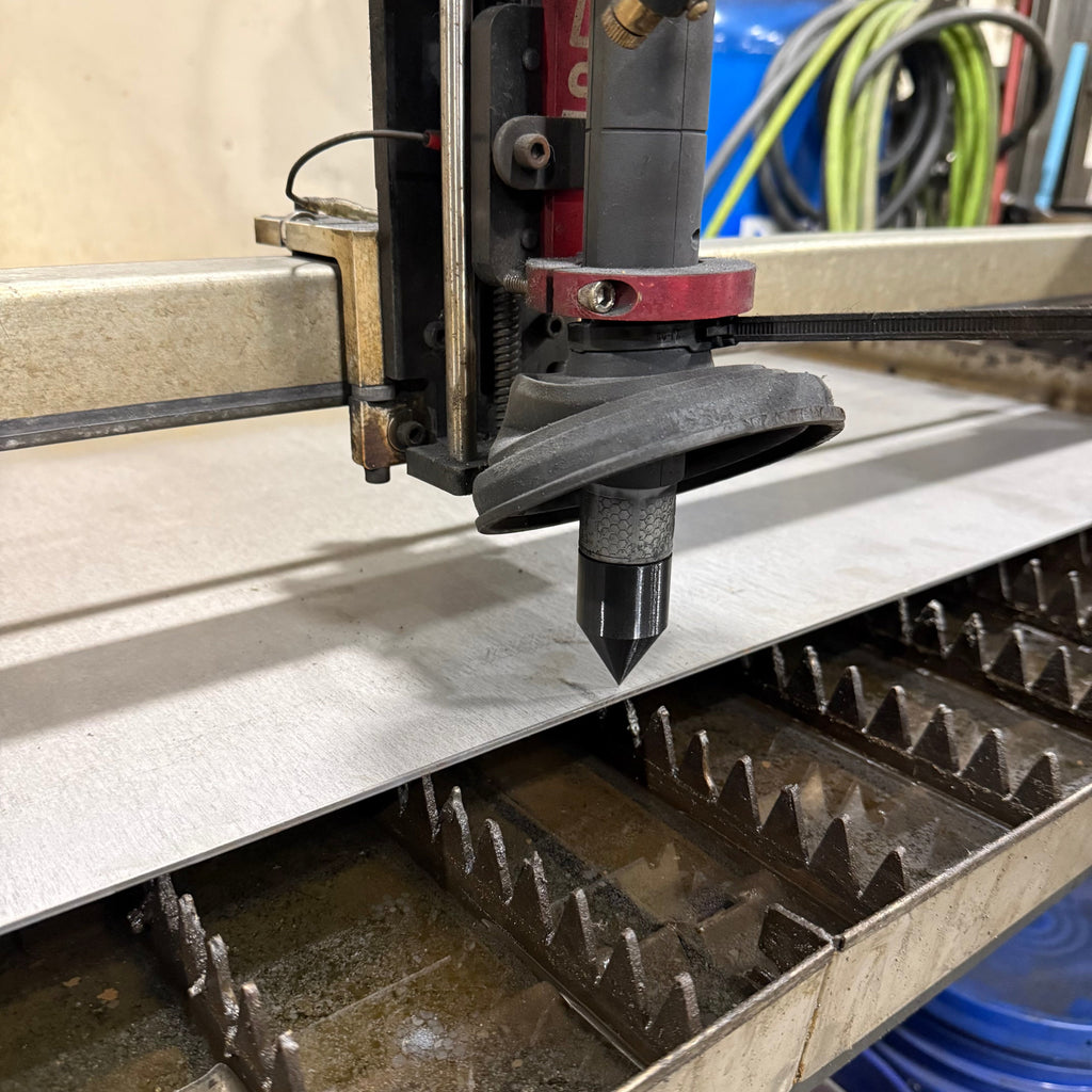 Elevate Metalcraft Hypertherm Sync Machine Torch Edge & Center Finder for CNC Plasma tables, 3D-printed tool in use.