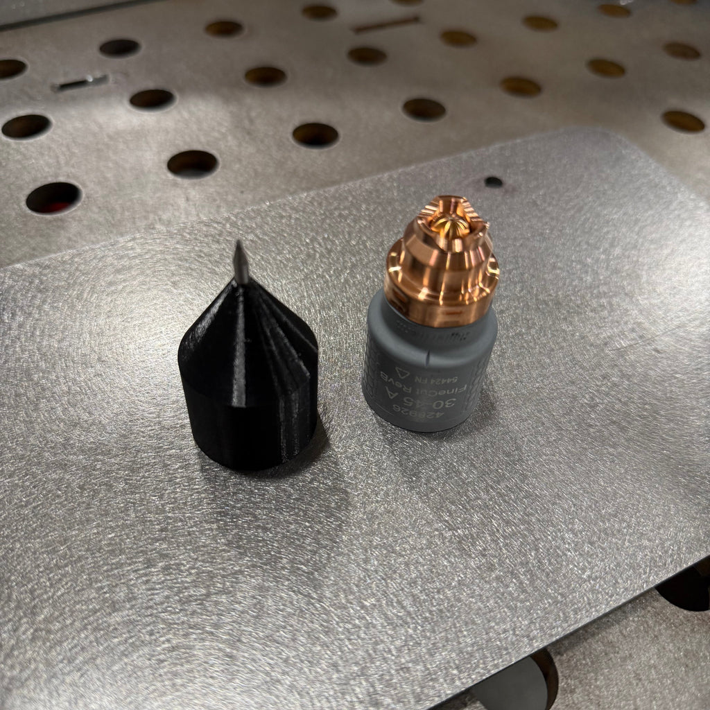 Elevate Metalcraft Hypertherm Sync CNC Plasma Torch Edge & Center Finder on a plasma table for precise positioning.