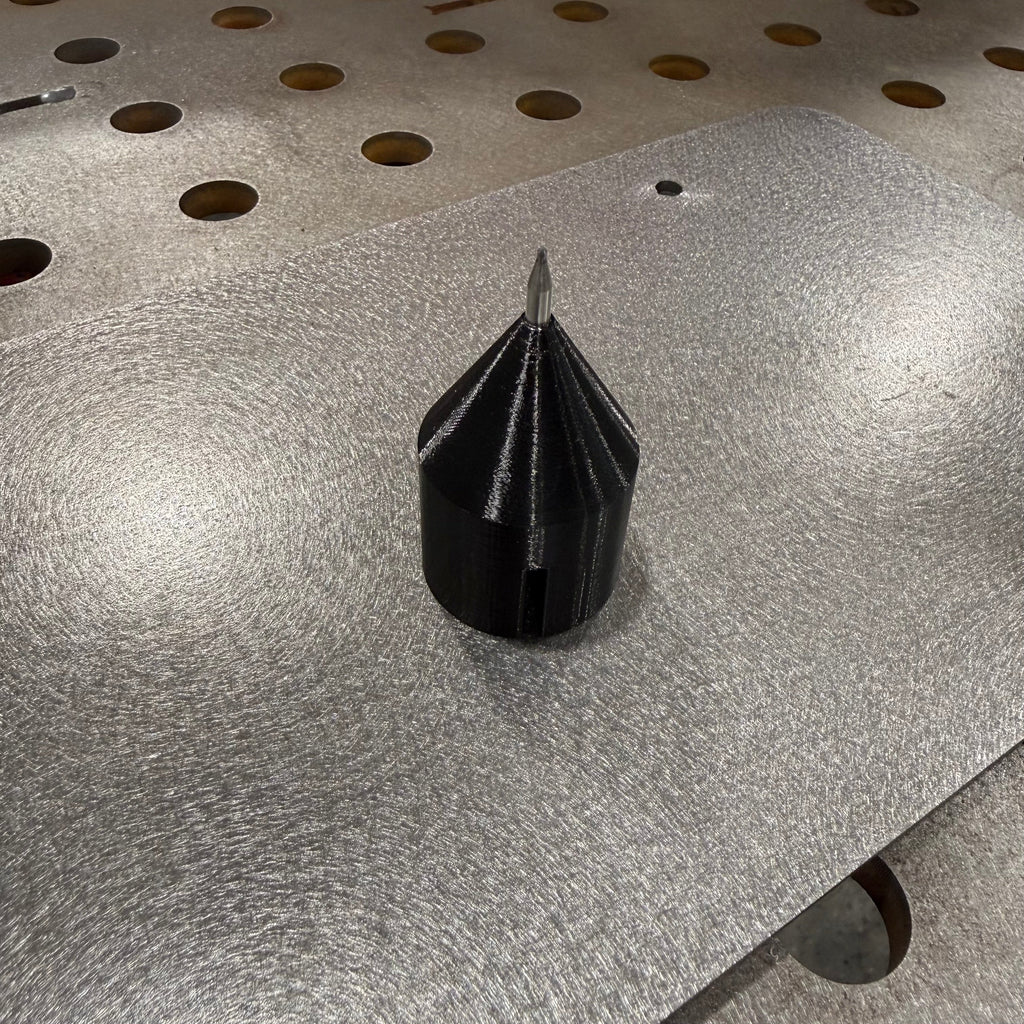 Elevate Metalcraft Hypertherm Sync Machine Torch Edge and Center Finder for CNC plasma tables, 3D printed tool in use.