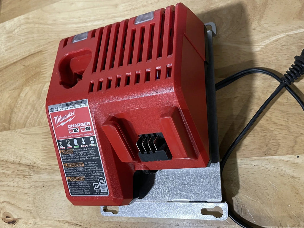 Elevate Metalcraft charger wall mount plate for Milwaukee and DeWalt ridged tools, designed for van, truck, or shop storage.