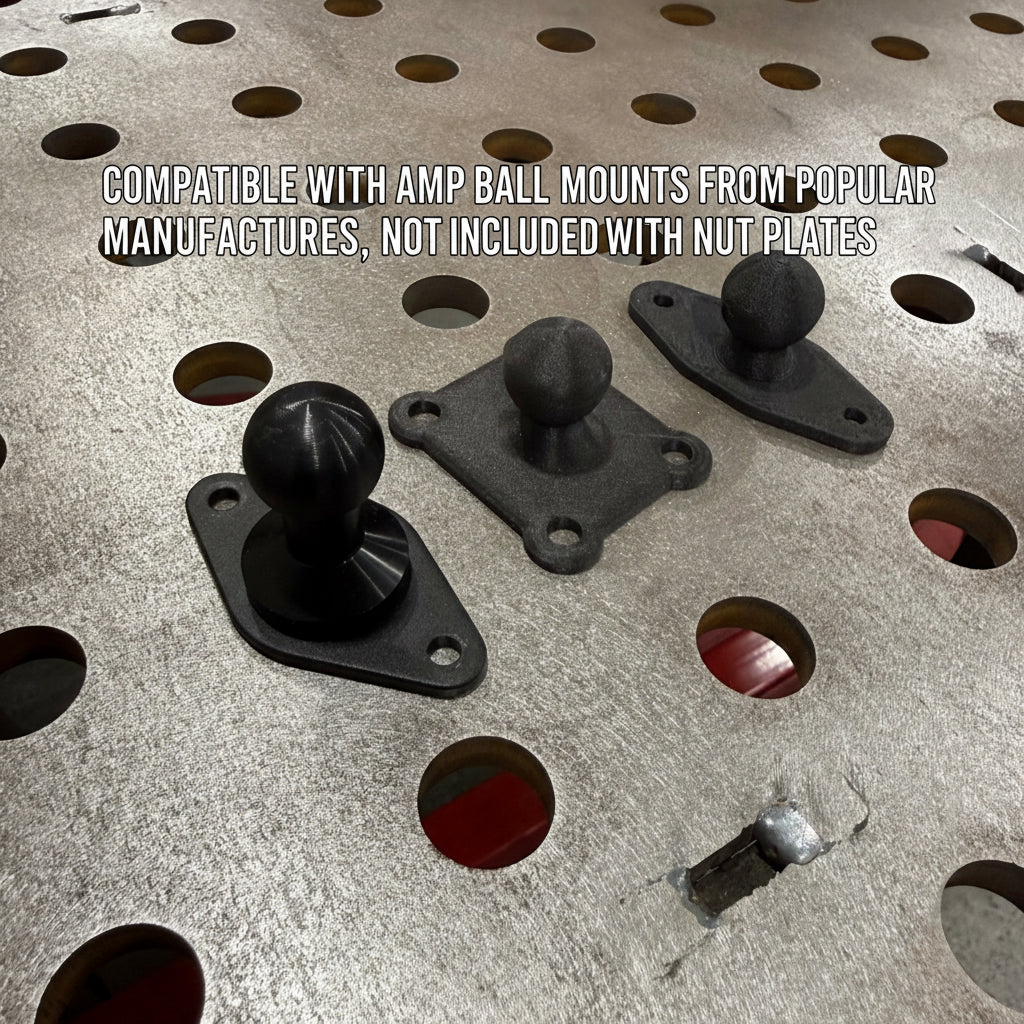 Elevate Metalcraft AMP Ball Magnetic Nut Plates with diamond shape and two bolts for secure fastening.
