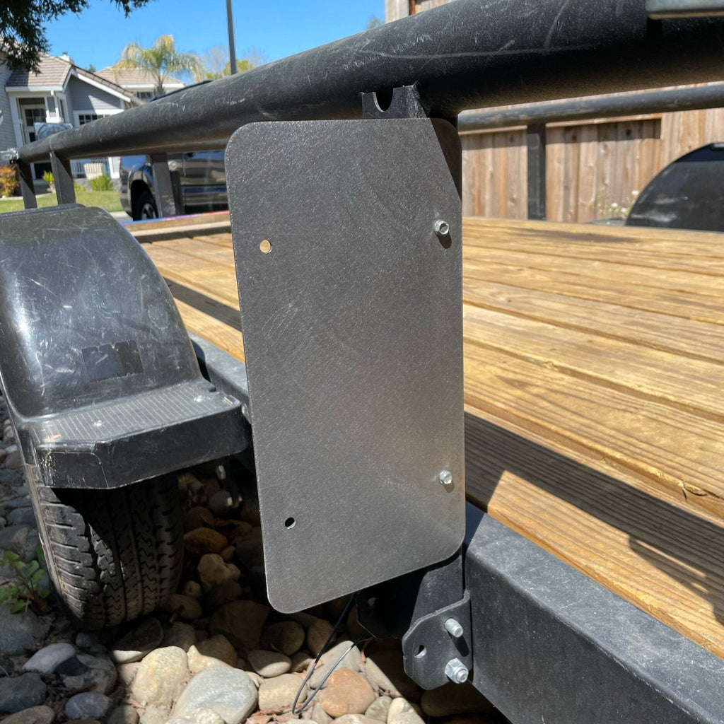 Heavy-duty steel license plate mount by Elevate Metalcraft for trailers, flatbeds, RVs, and campers, bolt-on installation.