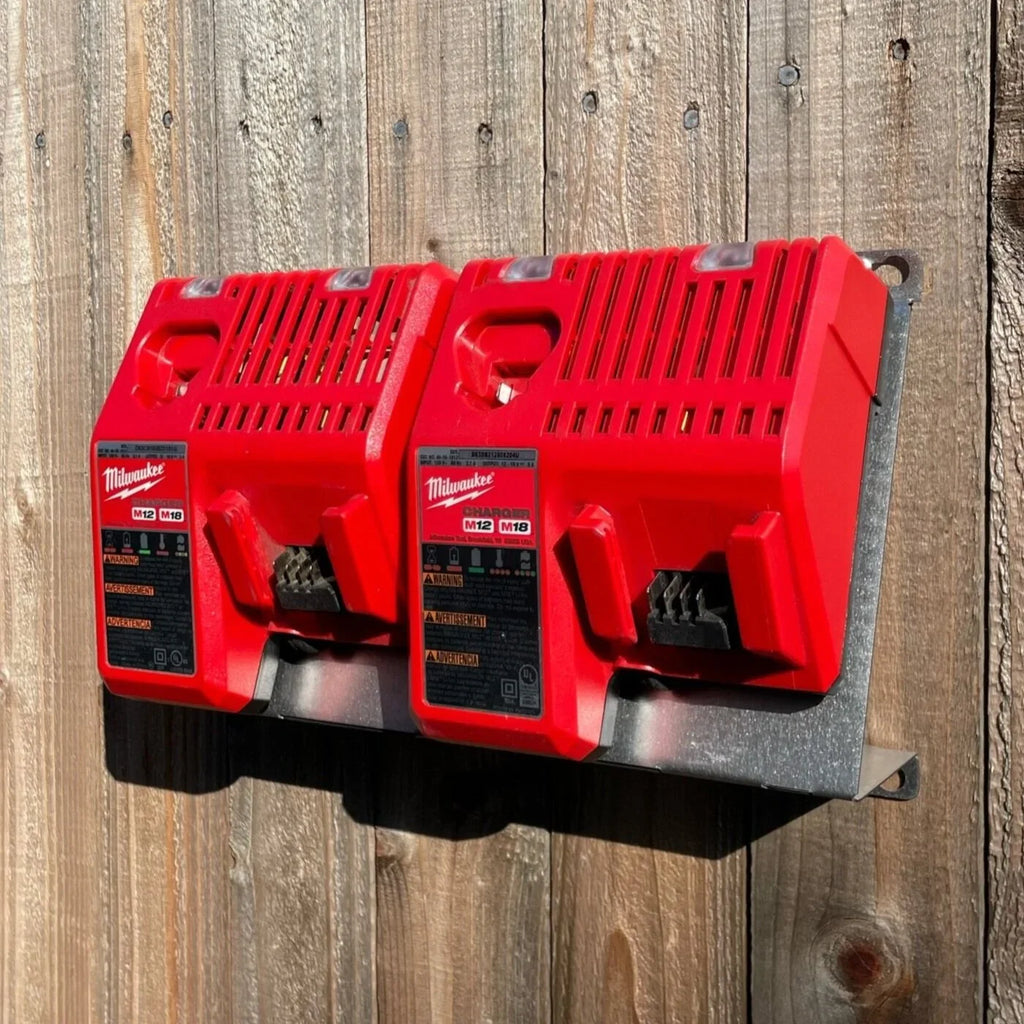 Elevate Metalcraft wall mount plate for Milwaukee 2x M18 M12 rapid battery charger, 20-degree angle for van, truck, or shop use