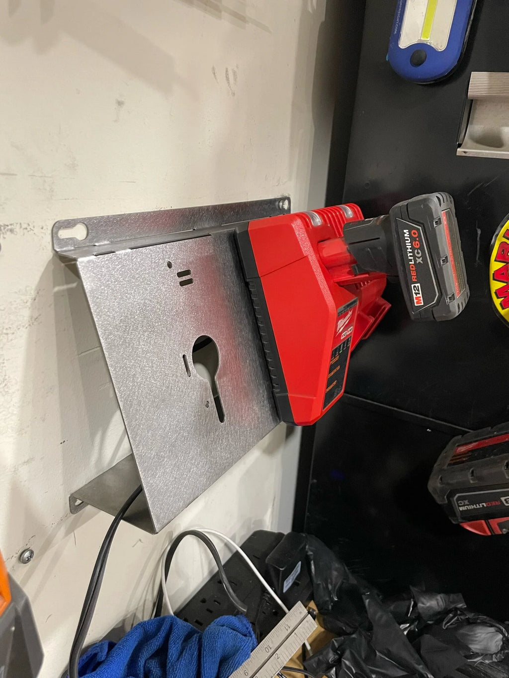 Elevate Metalcraft wall mount plate for Milwaukee 2x M18 M12 rapid battery charger, 20-degree angle for van, truck, or shop use