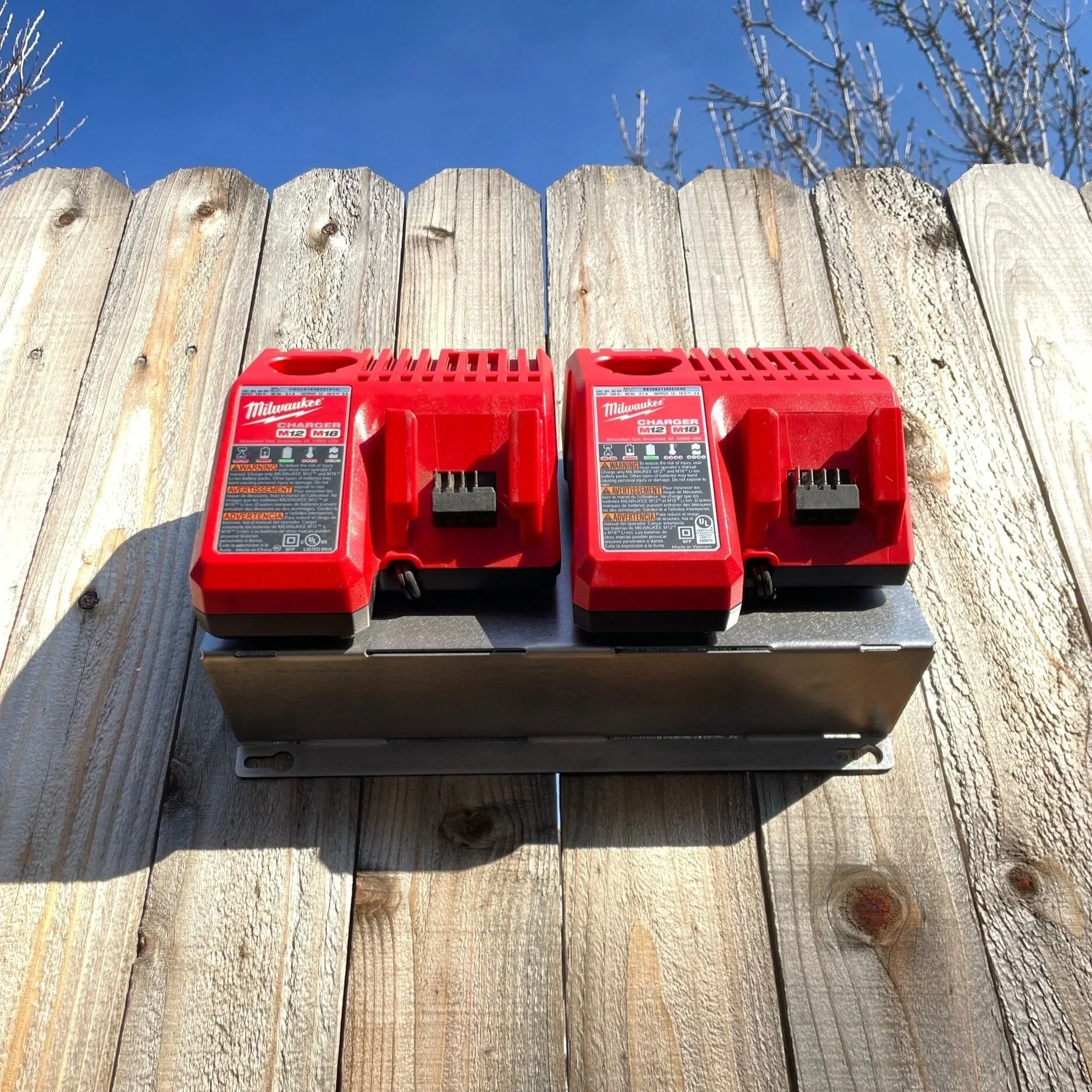 Elevate Metalcraft wall mount plate for Milwaukee 2x M18 M12 rapid battery chargers, 20-degree angled for vans, trucks, or shops