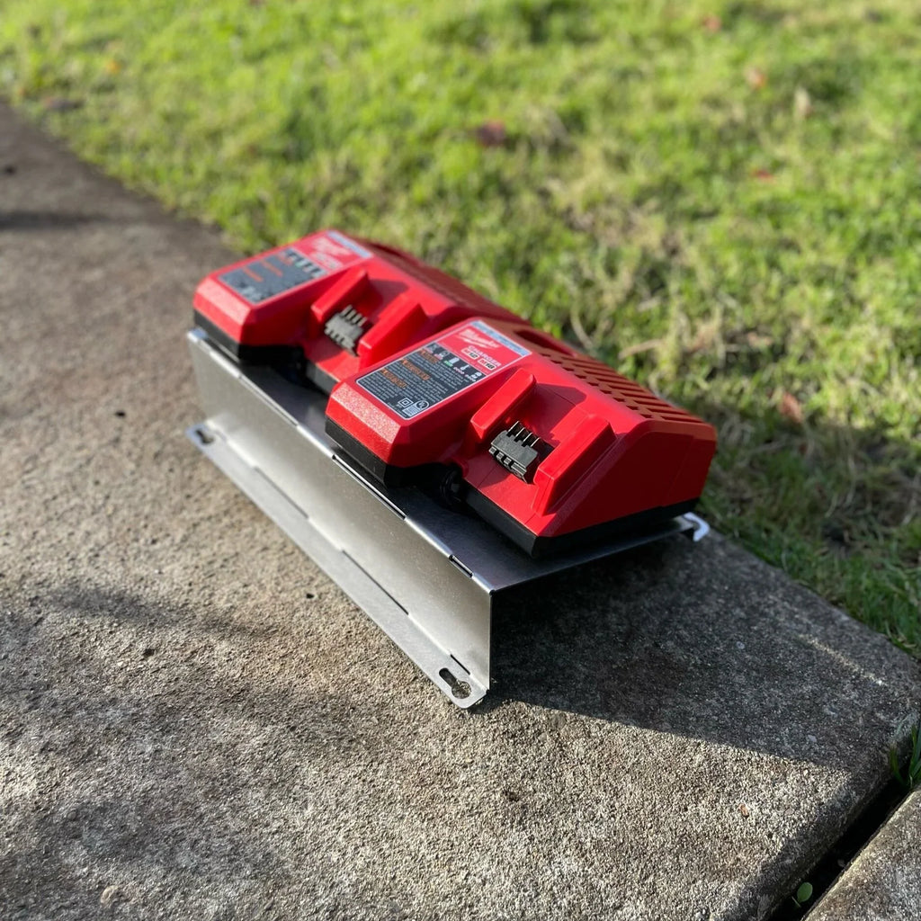 Elevate Metalcraft wall mount plate for Milwaukee 2x M18 M12 rapid battery chargers, 20-degree angle for van, truck, or shop use