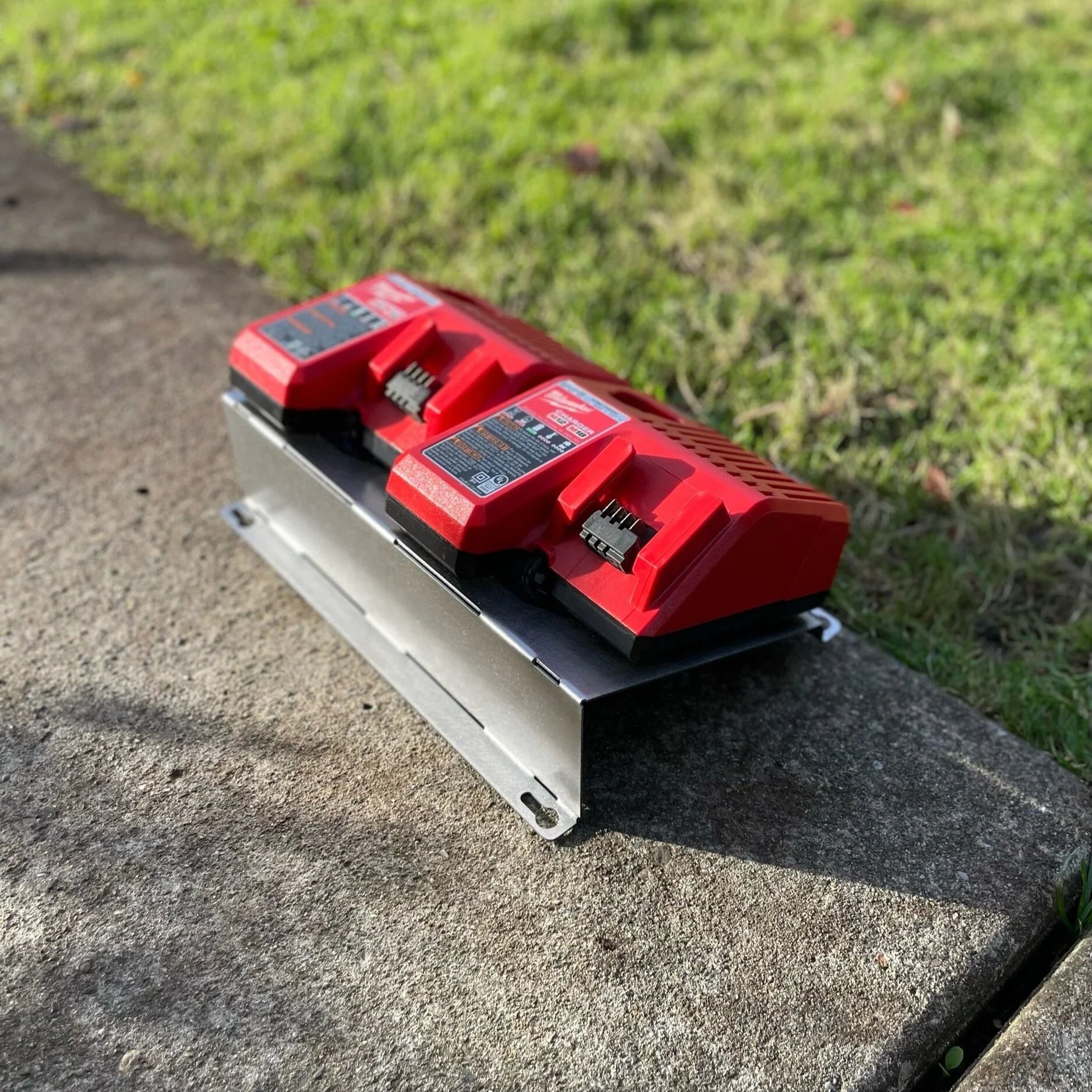 Elevate Metalcraft wall mount plate for Milwaukee 2x M18 M12 rapid battery chargers, 20-degree angle for van, truck, or shop use