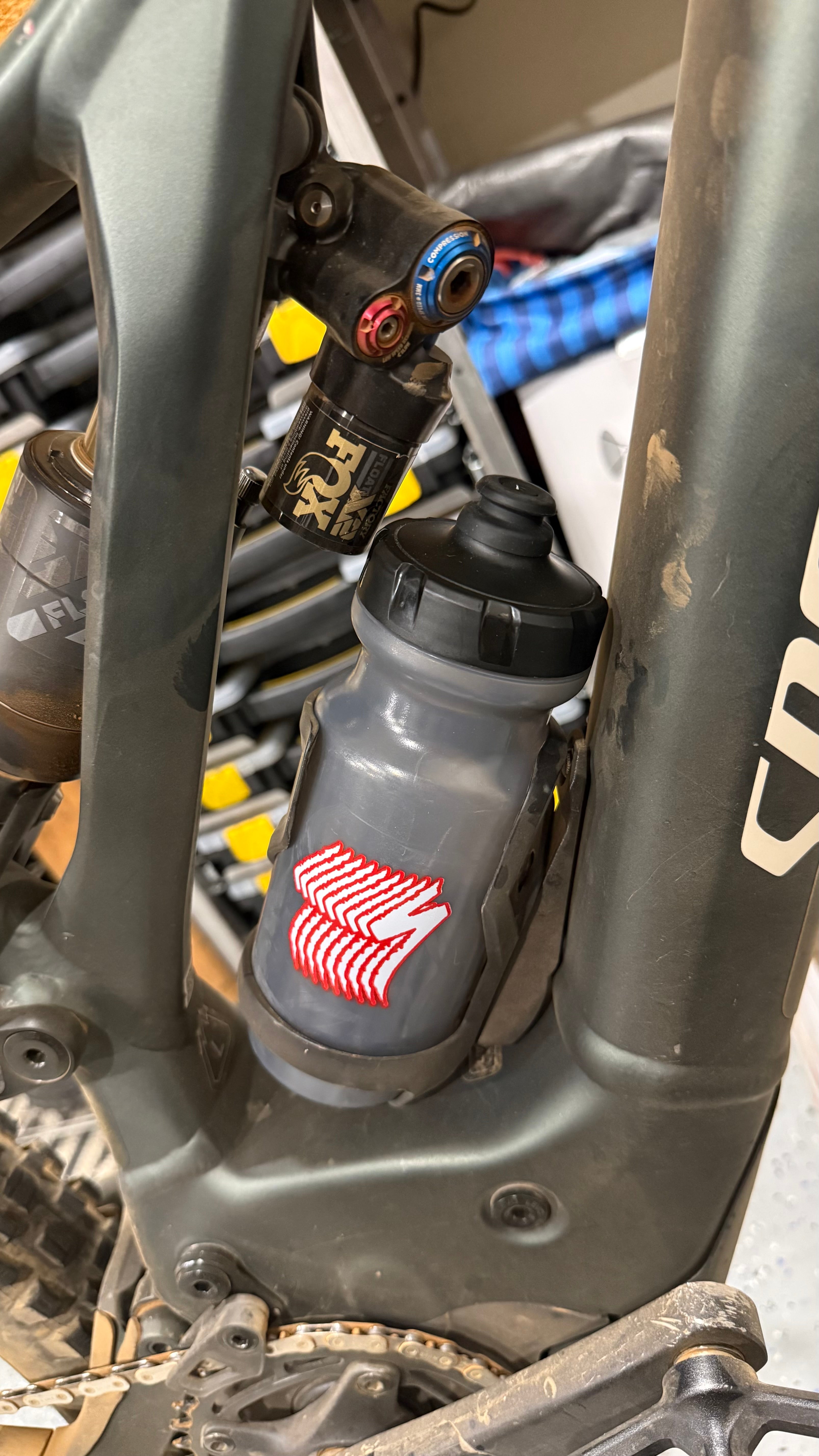 Black Elevate Metalcraft MTB water bottle cage relocation for Specialized Turbo Levo Gen2 e-bike, designed for secure bottle mounting.