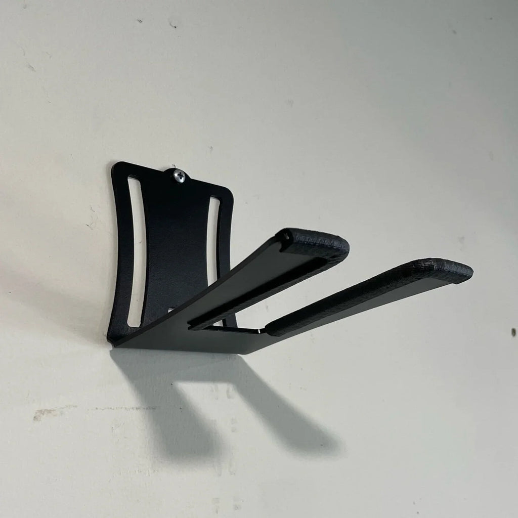 Elevate Metalcraft wall mount for Park Tool bike maintenance stand PCS-9.2, PCS-9.3, PCS-10.2, and 10.3 in raw metal finish.