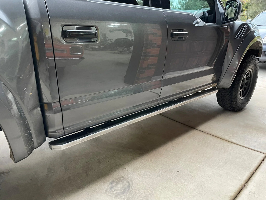 Elevate Metalcraft Rock Slider Steps for Ford F-150 Raptor SuperCrew 2015-2020, durable side protection for 4-door truck.