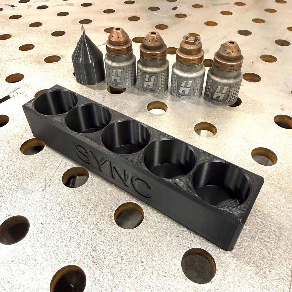 Elevate Metalcraft Sync Plasma Cartridge Organizer magnetic CNC holder for Hypertherm Sync plasma cartridges, with multiple slots for organization.