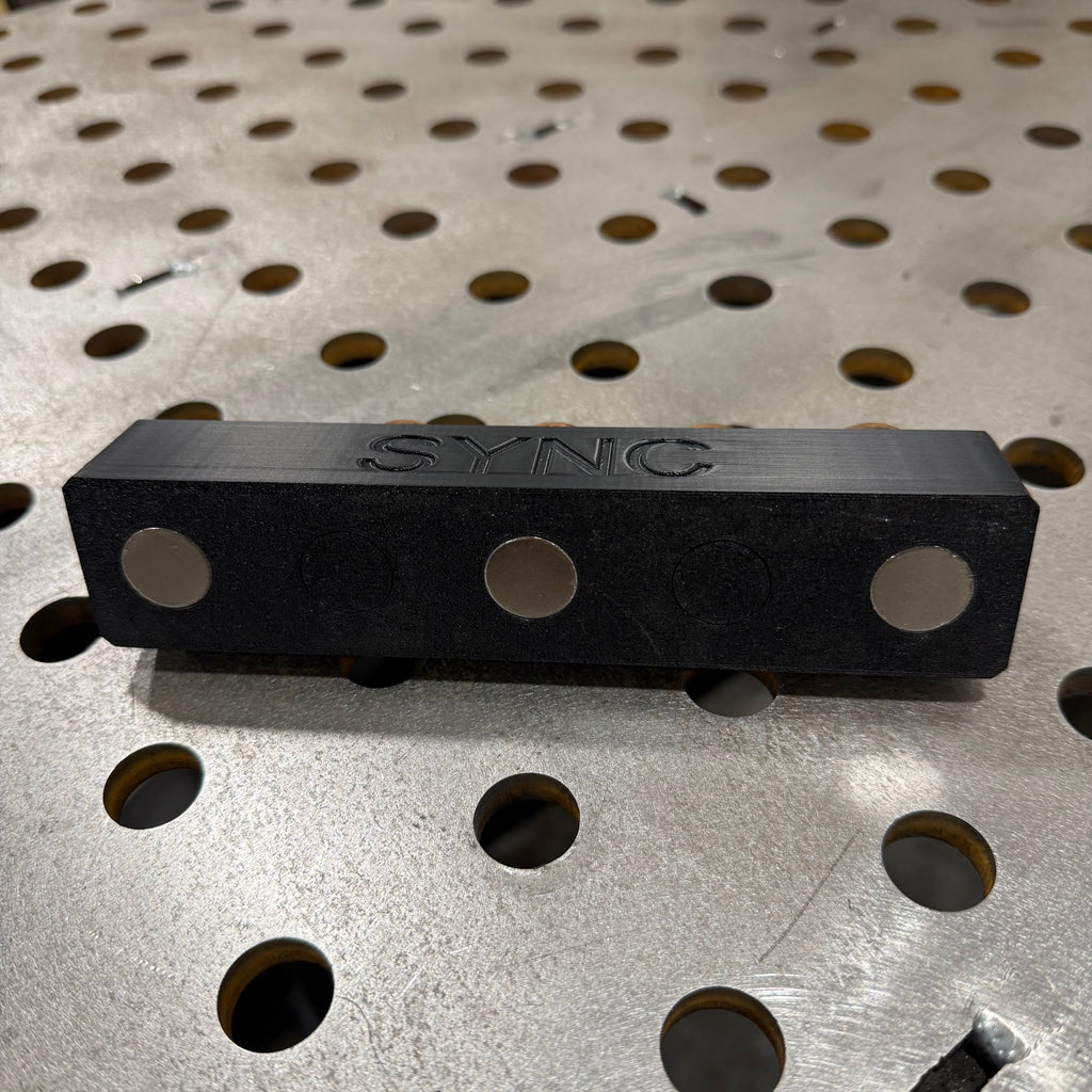 Elevate Metalcraft Sync Plasma Cartridge Organizer with magnetic CNC holder for Hypertherm Sync plasma cartridges.